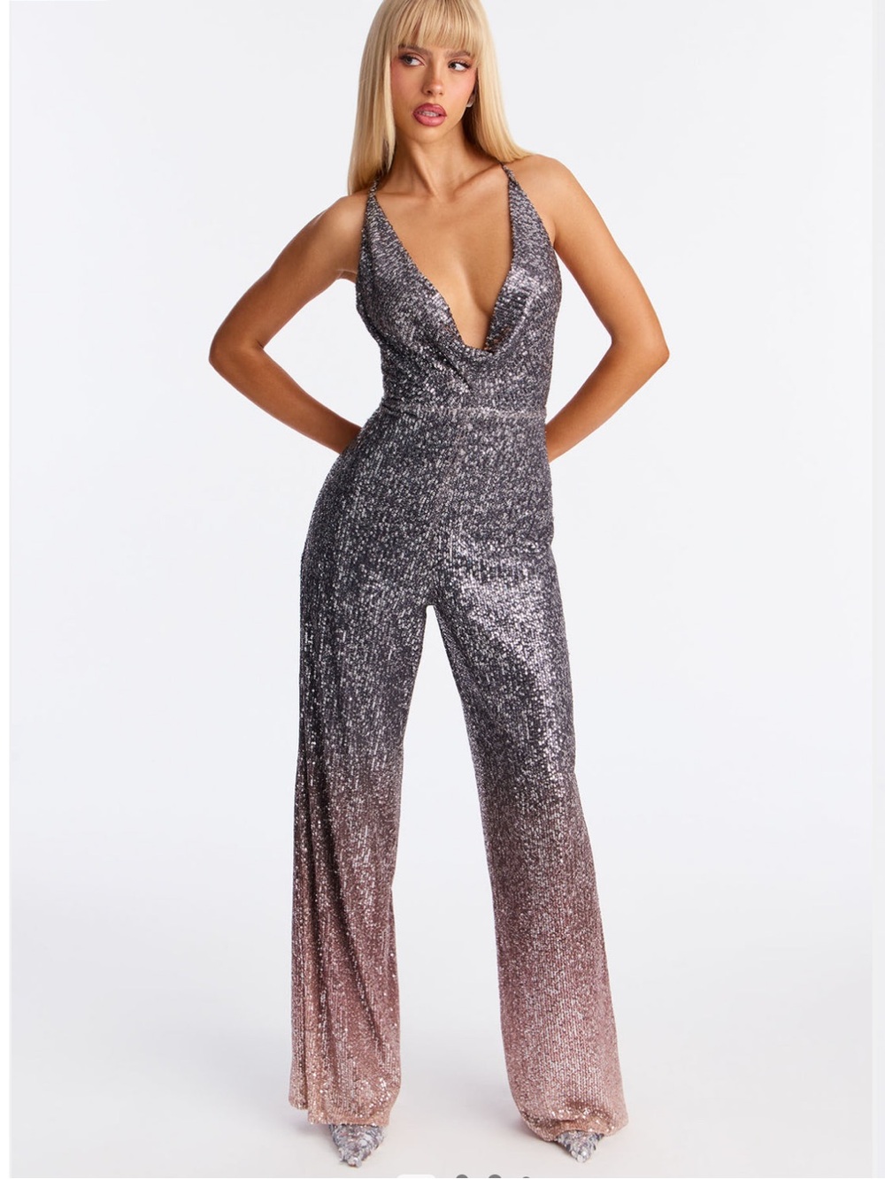 NWT Fashion Nova Ombré Sequin romper - grey / pink - SIZE XS